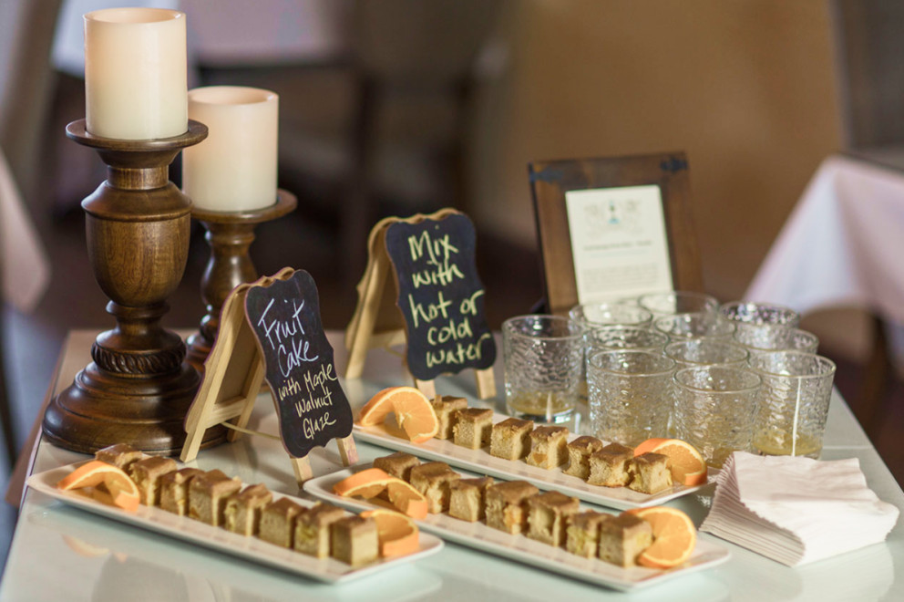 Display of fruit cake and water