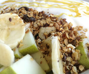 Close up of yogurt bowl with apple and oatmeal