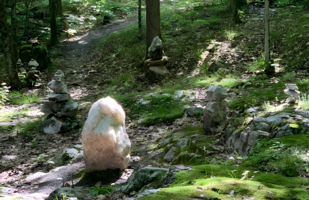 Stone piles along a forest path