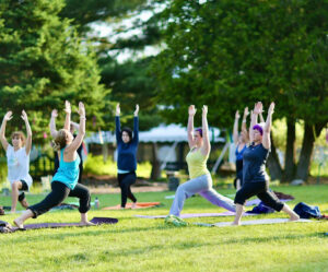 Group doing yoga together in a grass field