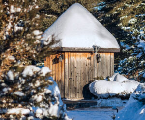 Shed covered in snow